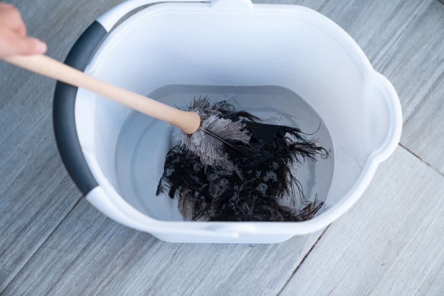 Feather duster soaked in a bucket filled with fresh water.