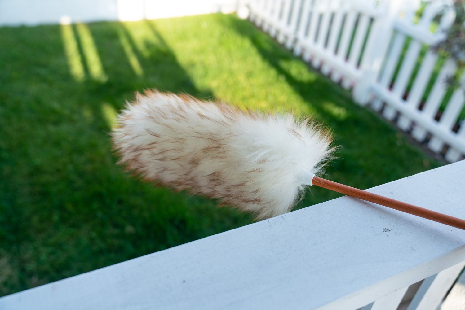 A wool duster was shaken outdoors to eliminate any surplus dust.