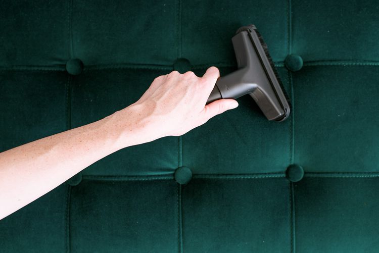 Velvet upholstery is being maintained using a vacuum cleaner with a specialized attachment.