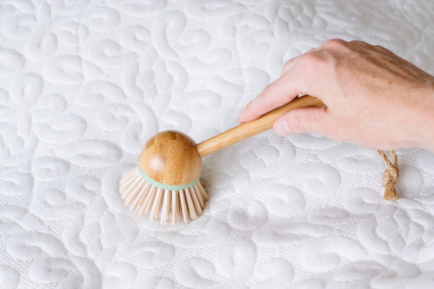 Nylon brush with soft bristles for scrubbing away stains on a mattress protector.