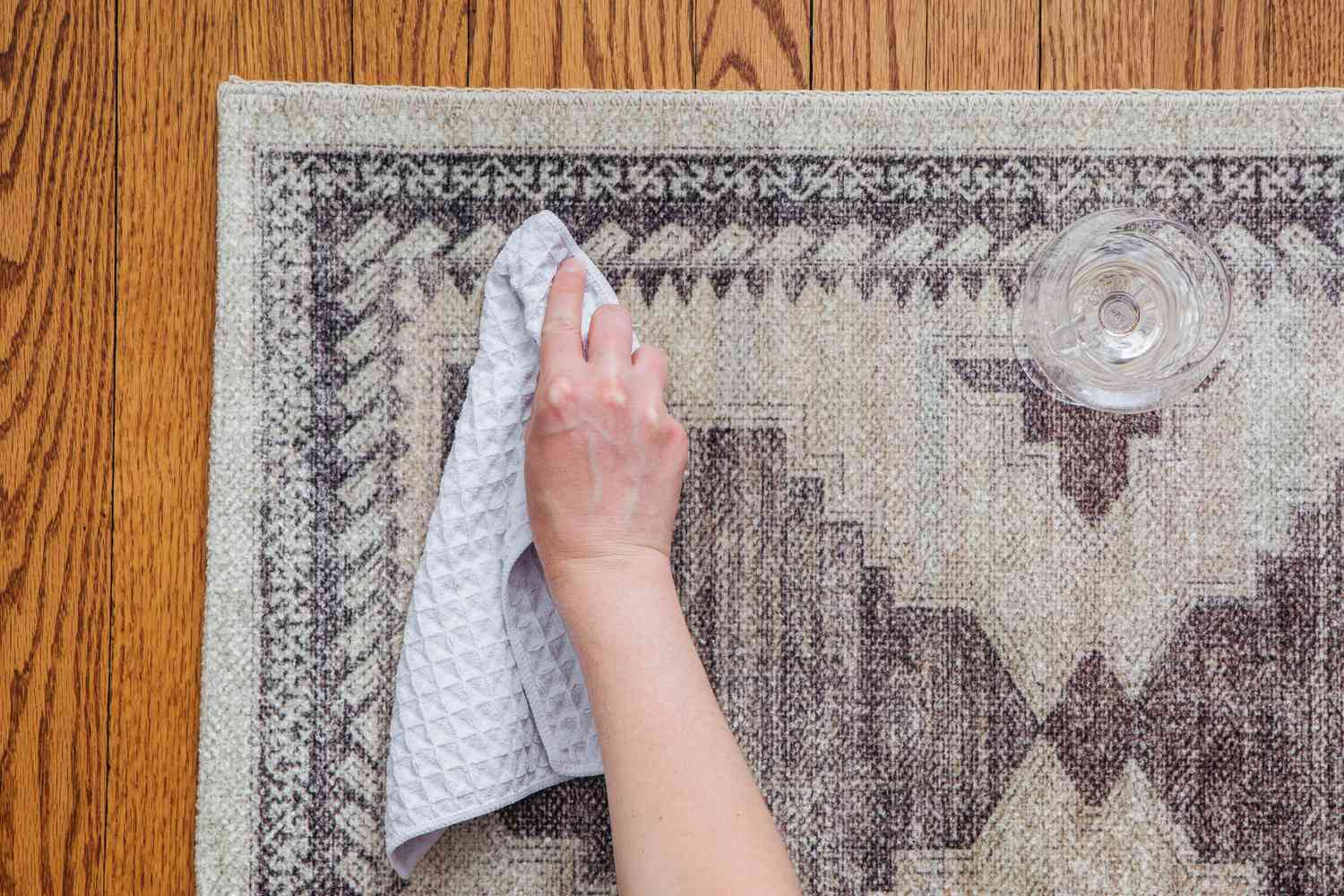 Dabbing the section of the carpet where the white wine has been spilled.