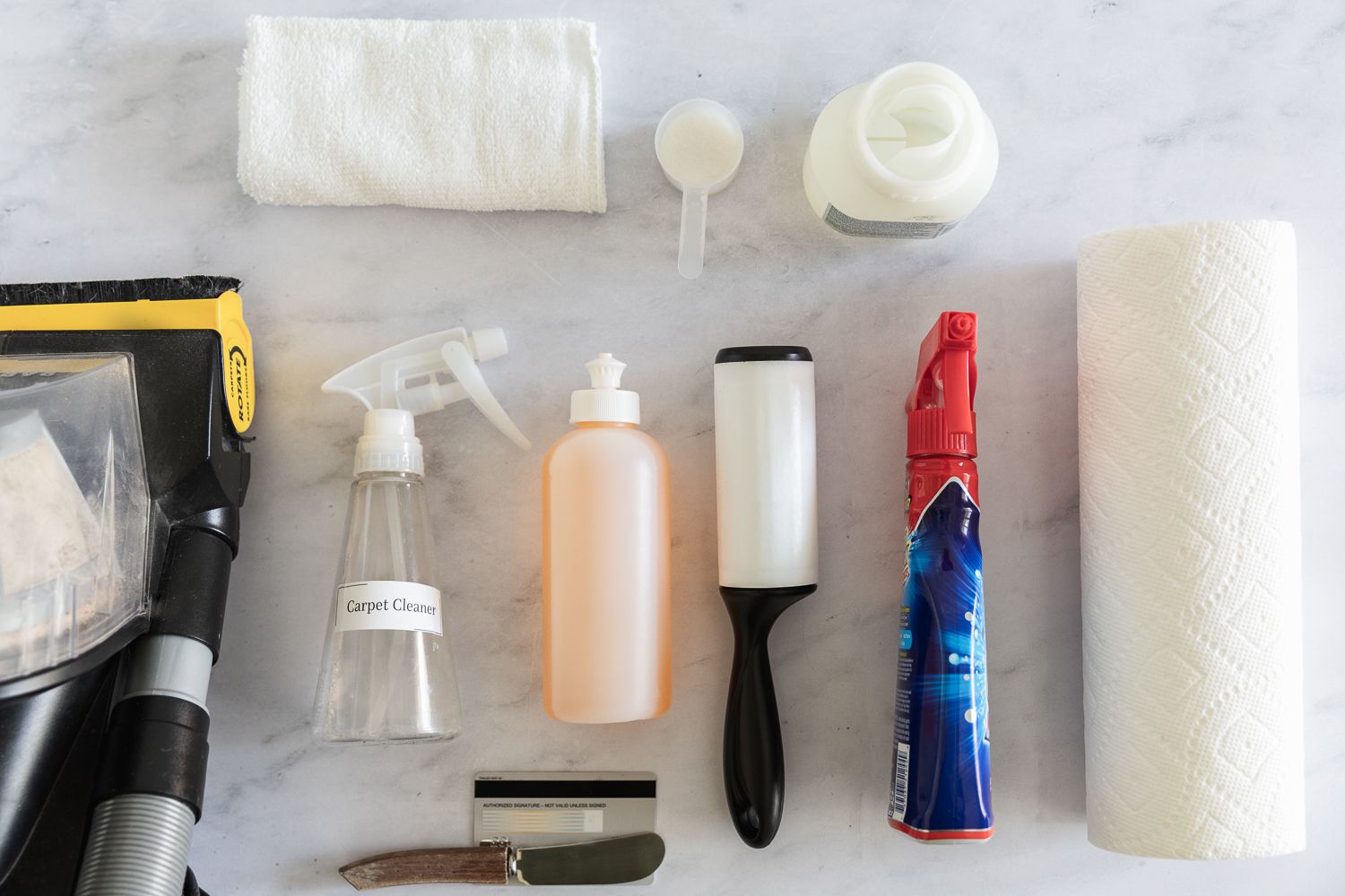 Supplies required for eliminating makeup stains from fabrics.