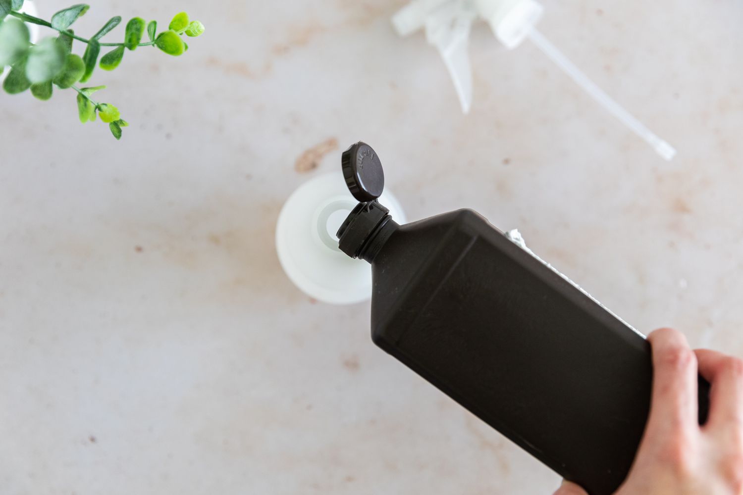 Transferring hydrogen peroxide into a spray container.