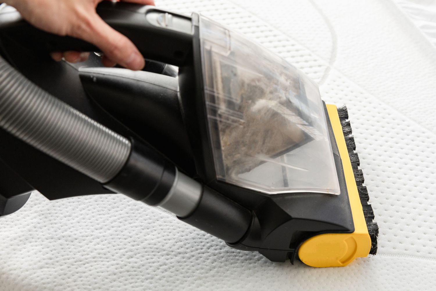 Cleaning a mattress with a vacuum cleaner.