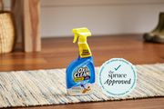 A container of Oxi Clean Carpet Stain Remover placed on a carpet, featuring a Spruce Approved emblem on the picture.